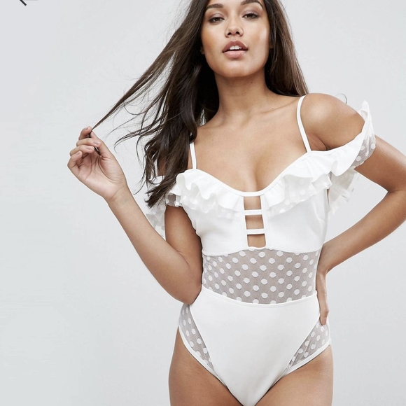 ASOS neoprene frill lattice Bardot dot mesh swimsuit - Picture 3 of 11
